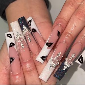 False Nails JP1593 Charming French Set Press On XL Length Ballerina Fingernails With 3D Crown Rhinestone Prud22