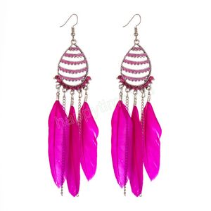 Summer Ethnic Blue Feather Dangle Earrings For Women Bohemian Boho Long Chain Earrings Wedding Bride Jewelry Oorbellen Hangers