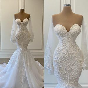 2022 Elegante weiße Meerjungfrau Brautkleider Brautkleider Perlen Spitze Applikation Nigerian Arabisch Hochzeitskleid Robe De Marie BC1065 C0620G04