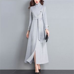 Women Winter Coats Autumn and Winter Classic Gray Lace Large Size Wool Coat Slim Thin Thick Long Wool Coat Female 201215