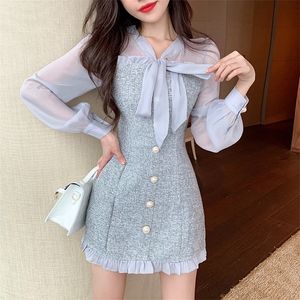 Spring Vintage Sexy See-through Chiffon Patchwork T Mini Dres Ribbon Bow Single-breasted Long Sleeve Party Dress 220509
