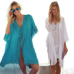 Damskie stroje kąpielowe krawata bikini seksowna koronkowa patchworka plaża Kimono kaftan tuniki Kobiety nadmierny biały mini sukienka Summer Wearwomen's