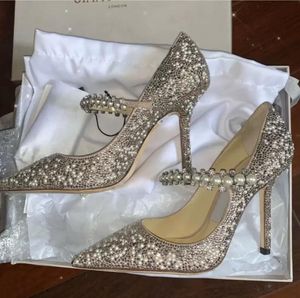 immagine reale - Abito da sposa perfetto Sandali da sposa Scarpe Baily Mary Jane Décolleté con cinturino in perle di cristallo Tacchi alti da donna Décolleté da donna famosi a punta sexy