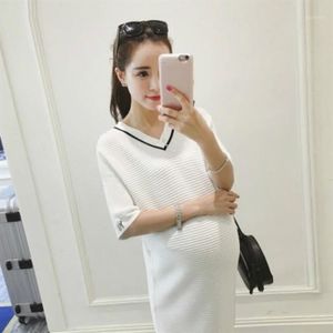 Zwangerschapsjurken Koreaanse stijl trendy zomer v-neck jurk lange katoen zwangere vrouwen kant gesplitst recht 289s