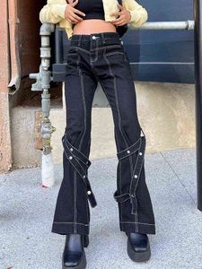 Sifreyr Gothic Grunge Black Jeans Women Harajuku Punk Baggy Wide Leg Trousers Hip Hop High Waist Bandage Streetwear Casual Pants T220728