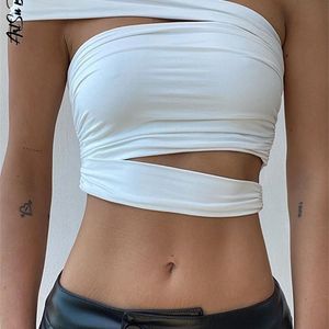 Sexig Tube Top Strapless Women Tank Fashion Ruched Hollow Out Slim Crop s Elegant One Shoulder Party Vest 220325