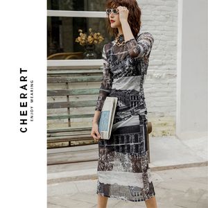 Cheerart Długie ubiór siatki Drut z długim rękawem Turtleeck Sheer Slim Ladies Tight Dress Autumn Biecid Women 210303