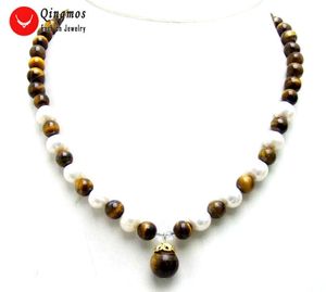 12mm Natural Tiger's-eye Pendant Necklace for Women White Pearl/Pink Coral Chokers 17"