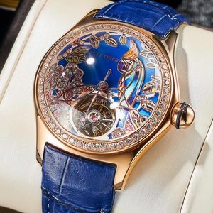 Orologi da polso Reef Tiger/RT Moda quadrante blu Orologi da donna Cinturino in pelle Impermeabile Automatico Diamante Tourbillon Meccanico