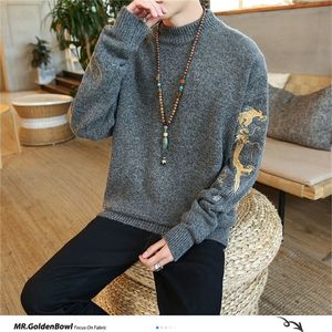 Mrgoldenbowl Autumn Warm Men Sweaters Chinese Dragon Tryckt stickade tröjor Plus Size Man Loose Sweater Tops 201221