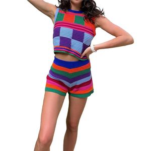 Women's Tracksuits Xingqing Knitted Outfit For Women Y2k Aesthetic Plaid Color Block Sleeveless Crop Top And Shorts Summer Two Piece Crochet