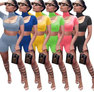 Kvinnor Korta kläder Summer Tracksuits Sleeve Set Stand Collar Slim Top Coat Shorts Two Piece Sportswear Fishtail Pants S-XXL