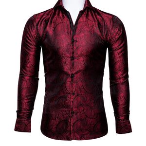 Męskie ubranie koszule Barry.Wang luksusowe czerwone Paisley jedwabne męskie z długim rękawem w stylu Casual, kwiatowa dla projektanta dopasowana koszula BCY-0026Men's