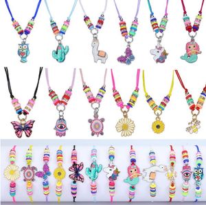 Kinder gewebtes Armband Halskette Schmuck Mädchen Tonperlen Anhänger Freundschaftsarmband für Teenager Kinder Rollenspiel Prinzessin Dress Up Juwel Partygeschenke Mehrfarbig