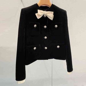 봄 새 Jiaxiaoxiang Bow Suit Women 's Coat Black Velvet Short Top