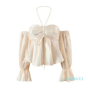 2022-Women's T-Shirt New Casual Vacation Loose One-word Collar Tube Top Ruffled Drawstring Ultra Short Off Shoulder Lantern Sleeve Shirt