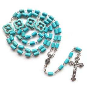 Vintage Blue Stone Rosary Necklace Long Women Men Cross Pendant Necklace Religious Prayer Jewelry