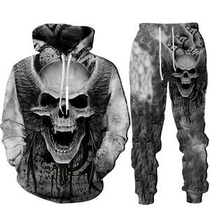 Tute da uomo Cool 3D Skull Print Felpe con cappuccio da uomo Felpe Tute Moda Tuta Autunno e inverno Zipper Felpa con cappuccio Pantaloni Due pezzi S