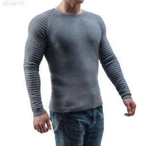 Suéter masculino de malha plissada de malha redonda de mangas compridas Sleeves Slim Fit Stripe Aplique Sweater Primavera/outono 2022 L220801