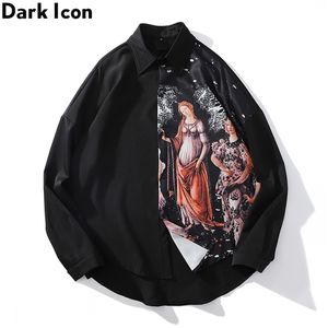 Ícone escuro impresso camisas de manga longa homens oversized camisa streetwear masculina 220321