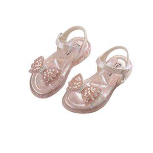 Lantejoulas de sandálias de garotas de verão pérolas pérolas fofas garotas de princesa sapatos fals saltos infantis sandálias de praia de meninas smg270 g220523