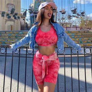 Women Summer Set Tie Dye zweiteilige Sets Streetwear Verband Outfits Ladies Tracksuit Crop Tops T -Shirt Shorts Sweatsuit Frau T200701