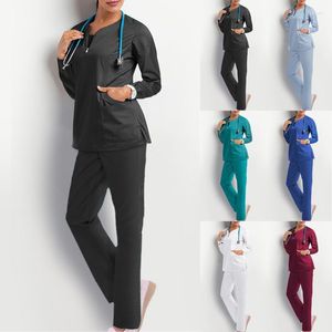 Женские брюки из двух предметов, скрабы, женская рабочая форма, карманы с длинными рукавами, медицинская одежда, топы, комплекты из двух предметов, клиническая униформа