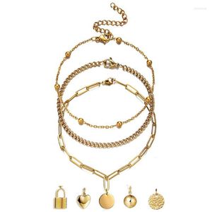 Braccialetti con ciondoli 3 pezzi / set Bracciale multistrato con catena a maglie in acciaio inossidabile per uomo Donna Semplice cuore Coin Lock Set JewelryCharm Kent22