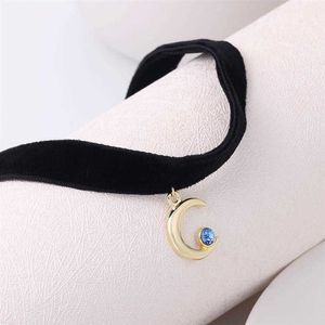 Cute New Star Moon Pendant Black Velvet Rope Charms Choker Collar Necklace Female Collier Bijoux Girls Gift EFN018V2469