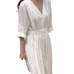 Women Dresses Spring Summer Cotton and Linen Elegant Pleated Long White Dresses V Neck Lace Up Shirt Dress
