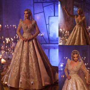 Glitter elegante abito da ballo abiti da sposa maniche lunghe scollo a V paillettes 3D pizzo appliques perline pizzo volant lunghezza del pavimento abiti da sposa taglie forti robes de soiree