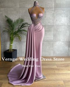 Gorgeous Lilac Mermaid Evening Dresses High Neck Satin Applique Beads Pleats Long Prom Dress Dubai Women Formal Dress