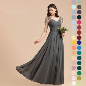 2022 Benutzerdefinierte graue Brautjungfernkleider Langes Chiffon-Süßherz-Hochzeitsabendkleid Robe de Soiree BM3015 0704