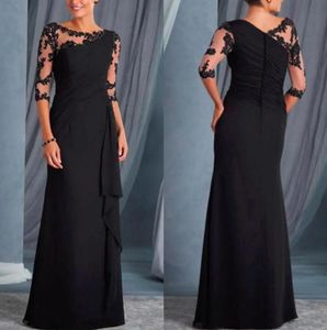 Schwarzes Chiffon-Kleid für die Brautmutter mit U-Ausschnitt, langen Ärmeln, Tüll-Spitze-Applikation, gerüscht, bodenlang, Hochzeitsgast-Kleider