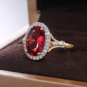 Cluster Rings Gols Big Oval Stone For Women Claw Inlay Rose Red Ruby Zircon Round Ring Luxury Fashion Ladies Party Jewelry