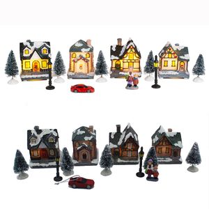 Xmas Decor Lighting Up DIY Christmas Doll Figurine Artificial Tree Tiny Resin House Village House village building Set of 4 201027