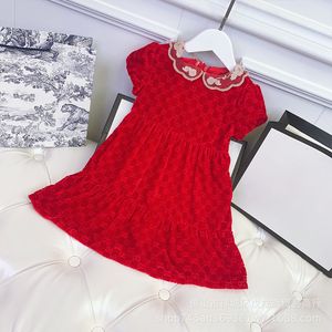 spring summer girls' red short sleeve long sleeve velvet skirt doll collar Princess Dress temperament dress
