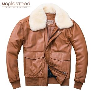 Maplesteed kalınlaşma kapitone% 100 koyun derisi deri ceket erkekler hava kuvvetleri G1 uçuş ceketi adam kış ceket yakalı çıkarılabilir m176 201128