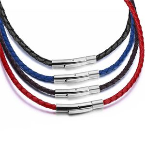 Chains 3mm Mens Womens Black/Red/Blue/Brown Braided Genuine Leather Cord Silver Stainless Steel Secure Clasp Necklace Chain 40-75cmChains