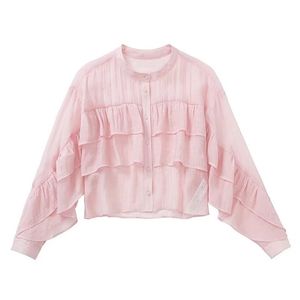 Zevity Women Sweet Pink Coler Cascading Ruffle Short Blouse Lady Long Sleeve Perspective Shird Chic Chemise Blusas Tops LS10103 220516