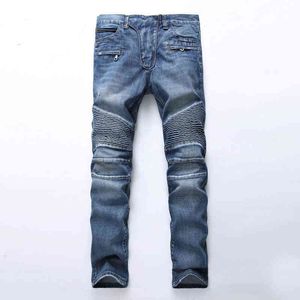 Men slim fit classic blue biker jeans for moto Casual plus size denim cargo pants Fashion ripped jeans for man J220629