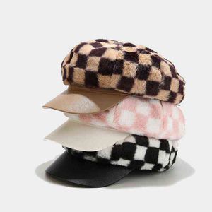 新しい女性帽子秋と冬のダムボード八角形の帽子黒と白の格子縞のランダムウサギの毛皮肥厚ヒートベレーJ220722