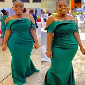 2022 Plus Size Arabic Aso Ebi Hunter Green Mermaid Prom Dresses Beaded Sheer Neck Evening Formal Party Second Reception Birthday Engagement Bridesmaid Gowns Dress