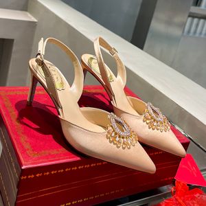 Rene Caovilla Dress Top-quality Shoes Shoes Stiletto Heel Satin Sandals Water Drop Heart Shaped Crystal Diamond Decoration Slingbacks Designers Yeon