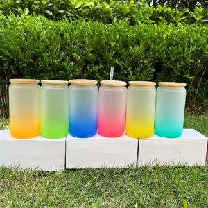 Stokta 16 oz süblimasyon cam bardak boş buzlu camlar su şişesi gradyan renkleri bambu kapaklı saman diy kahve kupaları ile baskılar 6 renk