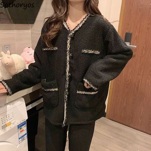 Ins Patchwork Pyjama Sets Women Coral Fleece Warm V Neck Simple Soft Nightgown Bags Adult Plush Chic Nightwear Korean Trendy L220803