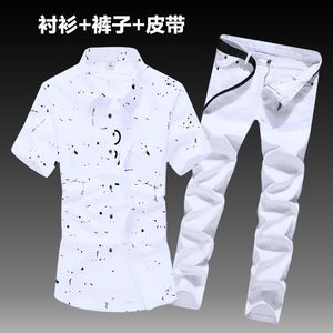 Herrspårar sommar kort ärmskjorta jeans byxor 2 stycken set målning casual stil bomullsblandningar för manliga outwear a5