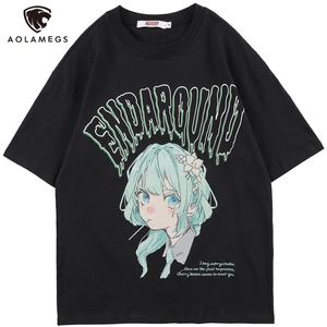 aolamegs Tシャツメングリーンヘアガールカートゥーンアニメプリントオネックストリートウェア日本のハラジュクファッショントップメンズ衣類夏220513