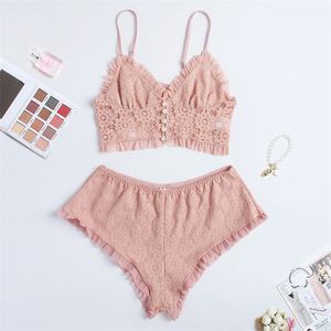 Lace Pajamas Set Ruffle Cami Crop Top With Shorts Sexy Lingerie Set Casual Loungewear Nightwear 220516