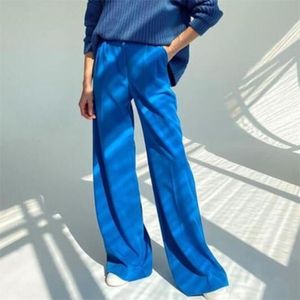 Blau Büro frauen Hosen Casual Hohe Taille Breite für Frauen Mode Lose Volle Länge Damen Hosen Vintage 20504 220726